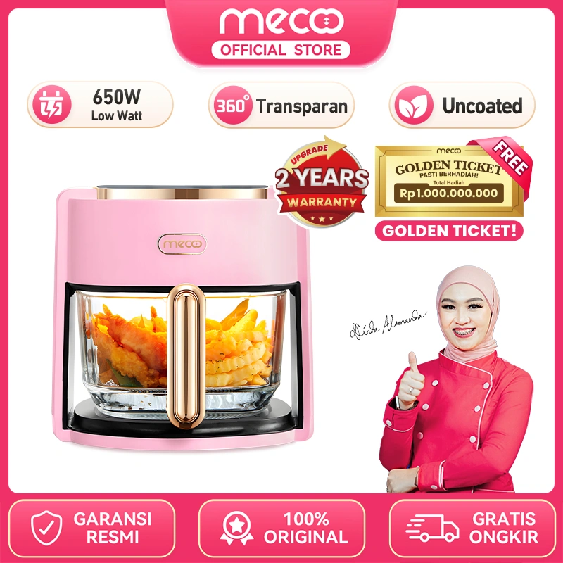 Mecoo Most Aesthetic Transparan Air Fryer Digital 650 Low Watt SNI Hemat Listrik & Anti Jeglek pink