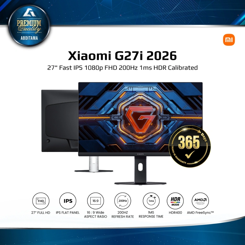 Monitor LED Xiaomi G27i 27" 165Hz | G27i 2026 200Hz 27" Fast IPS FHD 1080p HDR Calibrated Individually for Pricise Colour Accuracy Rapid Response Low Latency FreeSync Silky Smooth Gaming Experience Without Lag