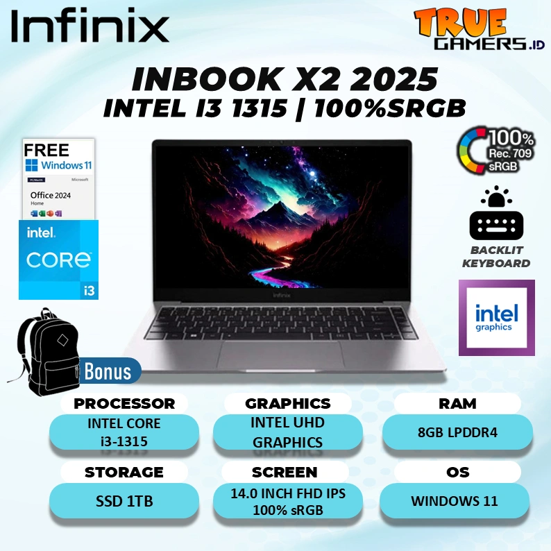 Laptop Infinix Inbook X2 2025 Core i3-1315 RAM 8GB 1TB SSD Windows 11+Office Home 14.0" FHD 100%sRGB