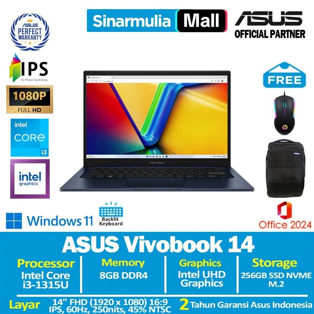 ASUS Vivobook 14 A1404VA i3-1315U 256GB SSD 8GB FHD IPS Win11+OHS