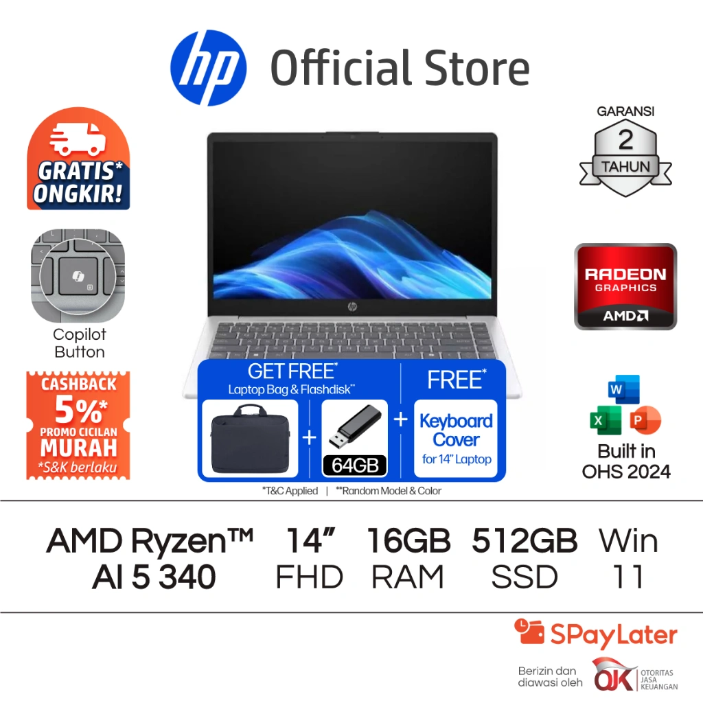 Laptop HP 14 - OmniBook 3 [NEW] AMD Ryzen AI 5 Radeon 840M Graphics 16GB / 24GB RAM 512GB SSD Silver Free Windows 11 Home 14 Inch Garansi 2 Tahun Promo Murah Gratis Ongkir Official Non Second