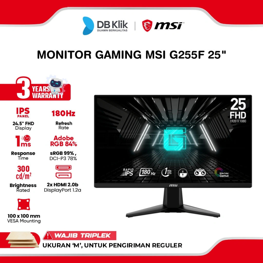 MSI LED Monitor Gaming G255F 25" IPS FHD 180Hz 1ms AMD FreeSync HDMI DP