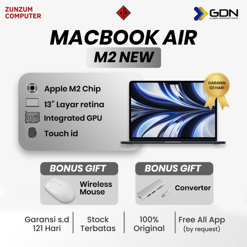 New Macbook Air M2 2022 13 inch Ram 16/256 GB Garansi Resmi GDN Apple Original