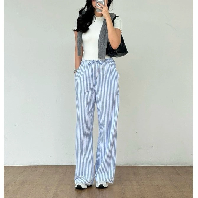 Mecloth - Celana Panjang Wanita Kekinian - Celana Garis Garis Wanita - Kulot Stripe Pants Wanita