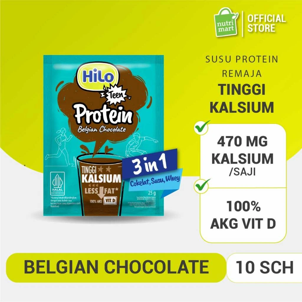 HiLo Teen Protein Belgian Chocolate 3 in 1 10 sachet - Susu Rasa Cokelat Belgia Tinggi Kalsium dengan Whey Protein