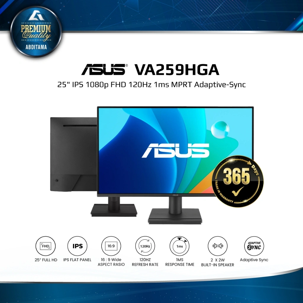 Monitor LED Asus VA259HGA 25" IPS 1080p FHD 120Hz 1ms MPRT HDMI 1.4 x1 VGA x1 Adaptive-Sync technology Frameless panel provides 178° viewing angles, both horizontally and vertically, so you can enjoy its beautiful visuals from almost any direction