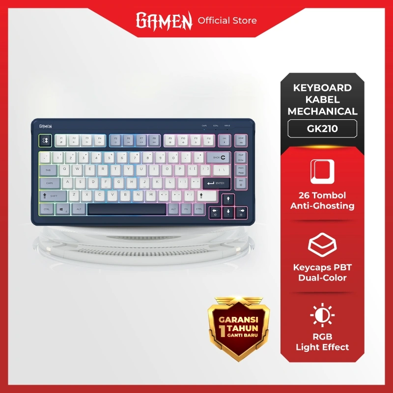 GAMEN GK210 Keyboard Gaming Mechanical – Silent Click, Keycaps PBT Dual Color, RGB Light, Tahan Lama & Nyaman untuk Gaming/Typing – Original