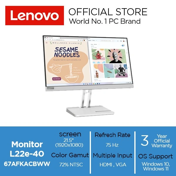 Lenovo Monitor L22e-40 21.5" 250 nits 72% NTSC 75Hz 4ms 103 dpi