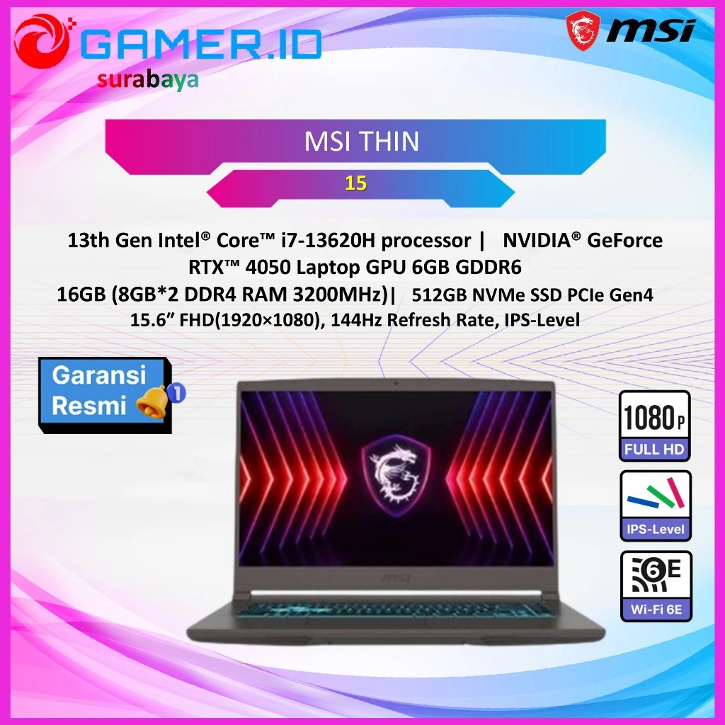 LAPTOP MSI THIN 15 I7 13620H RTX4050 6GB/ 16GB 512GB W11 15.6FHD 144HZ