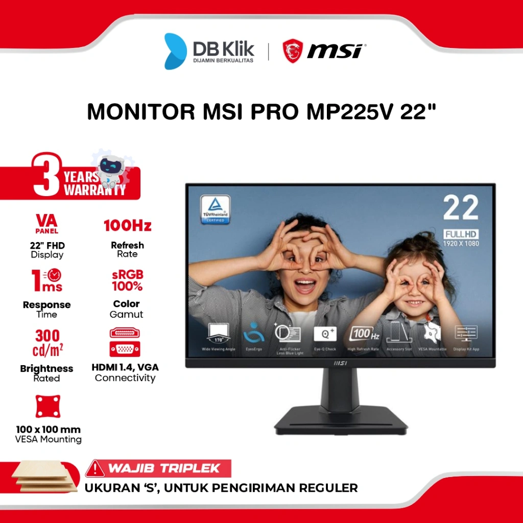 MSI PRO LED Monitor MP225V 22" VA FHD 100Hz 1ms Adaptive Sync HDMI VGA