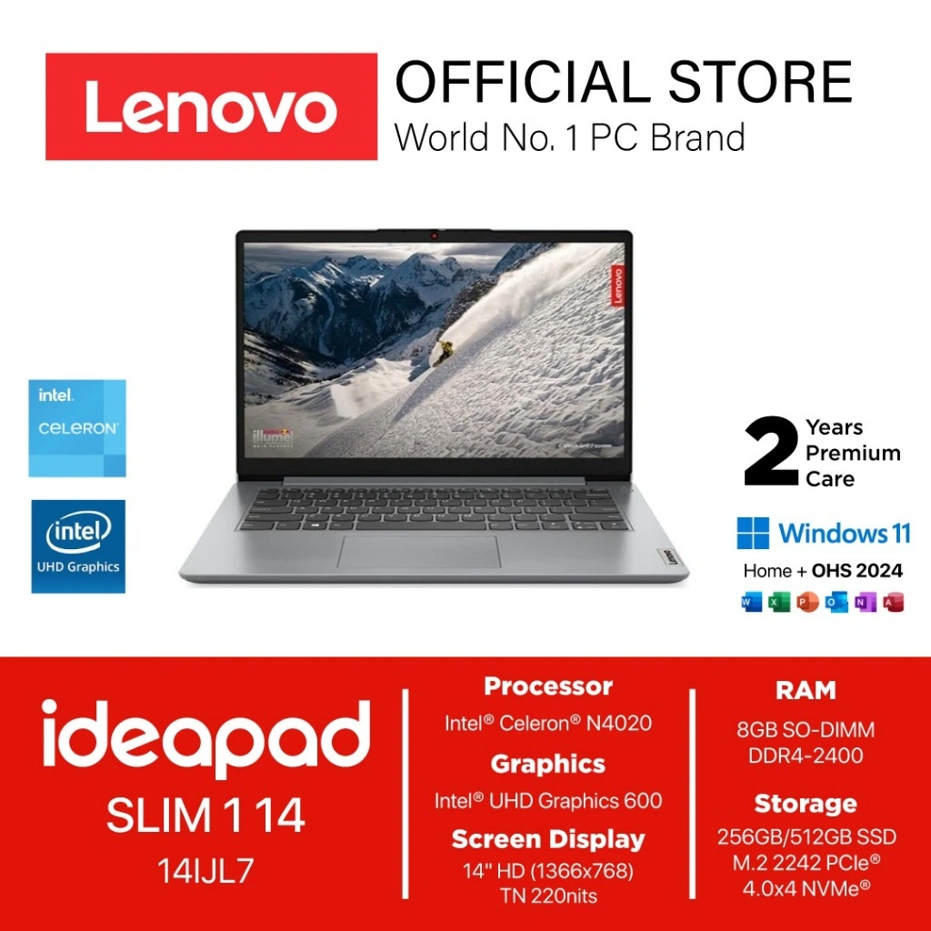 LENOVO IDEAPAD SLIM 1 14IJL7 INTEL N4020 8GB 512GB W11+OHS 14.0 2Y PREM GRY