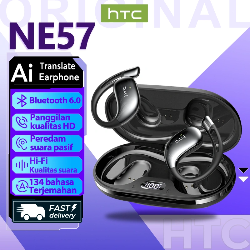 HTC NE57 Headset terjemahan AI True Wireless Powerfull Bass Semi on Ear MINI earbuds Bluetooth 6.0  earphone sport IPX5 WaterProof