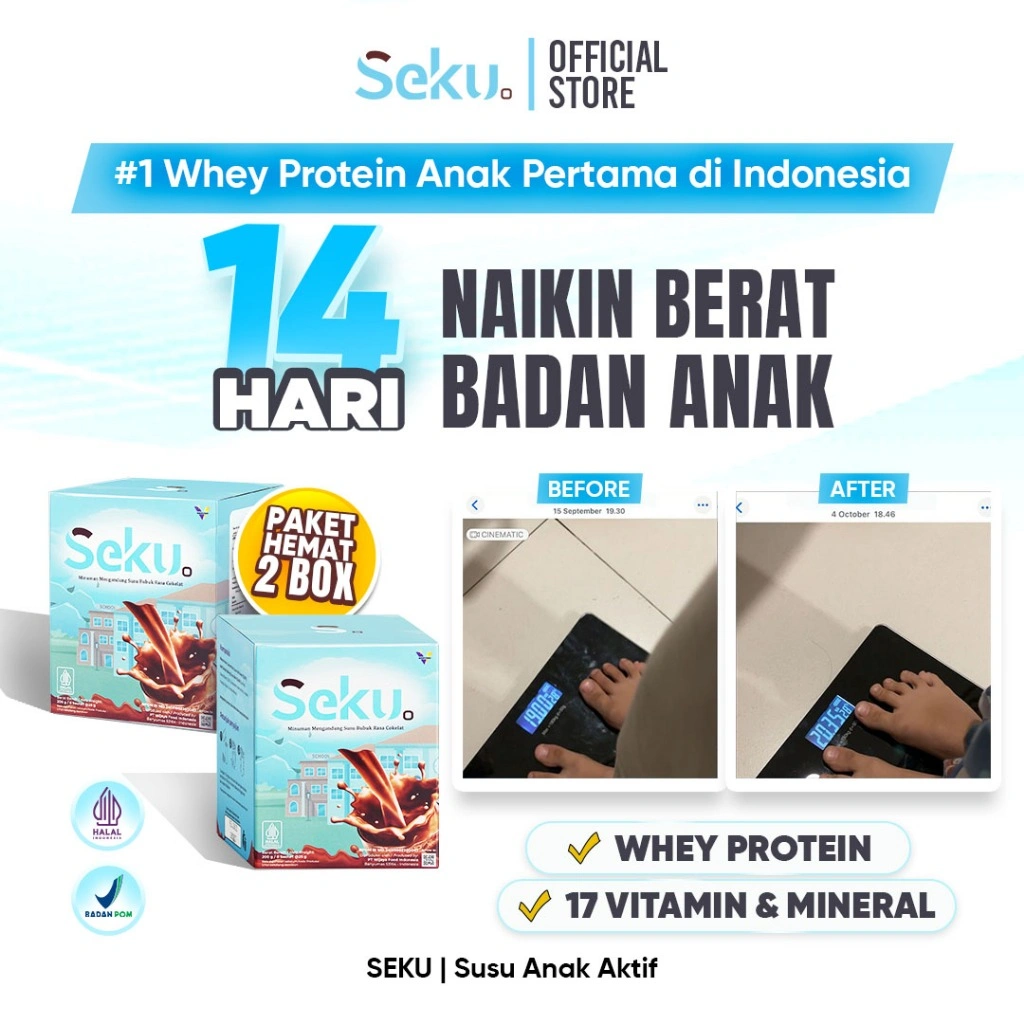 SEKU @25gr - Paket 2 Box Susu Whey Protein Penambah Berat Badan Anak 4-12 Tahun | Whey Protein - 17 Vitamin&Mineral - Tinggi Protein - Kalsium - Zat Besi | Rasa Coklat