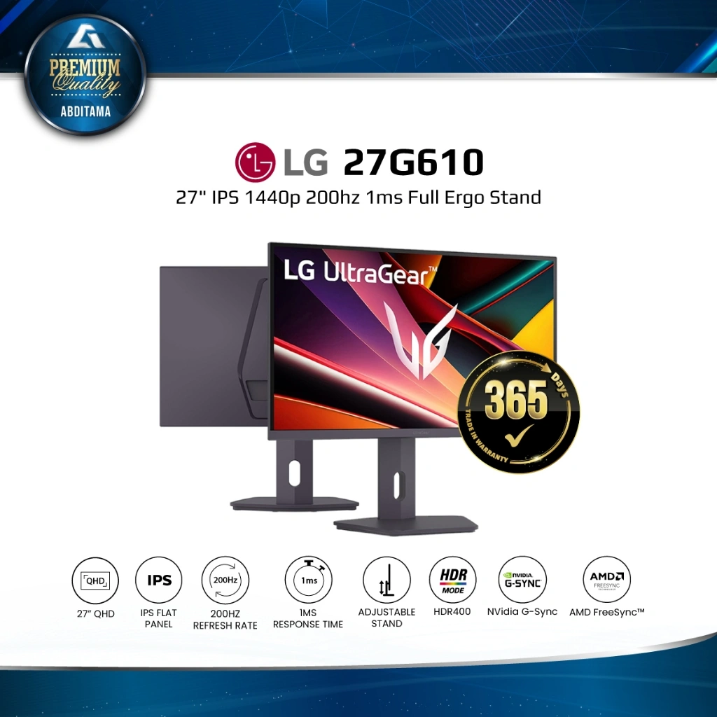 LG Ultragear 27G610 27 IPS 2K QHD 200Hz 1ms HDMI 2.0x2 DP 1.4x1 Ergo HDR400 FreeSync G-SYNC