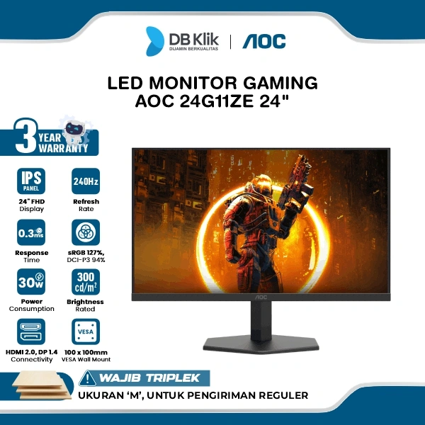 AOC LED Monitor Gaming 24G11ZE 24" Fast IPS FHD 200Hz OC 240Hz 0.3ms Adaptive Sync HDMI DP