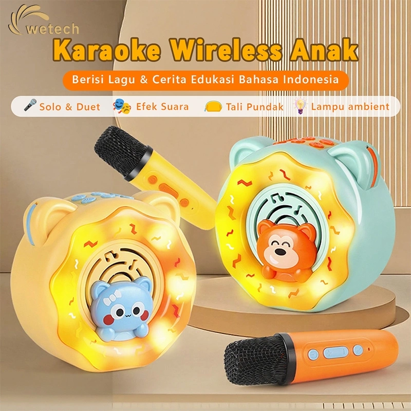 WETECH Mini Mikrofon Karaoke Wireless Speaker Bluetooth Portable 2 Mic Microfon Lampu Mainan Anak