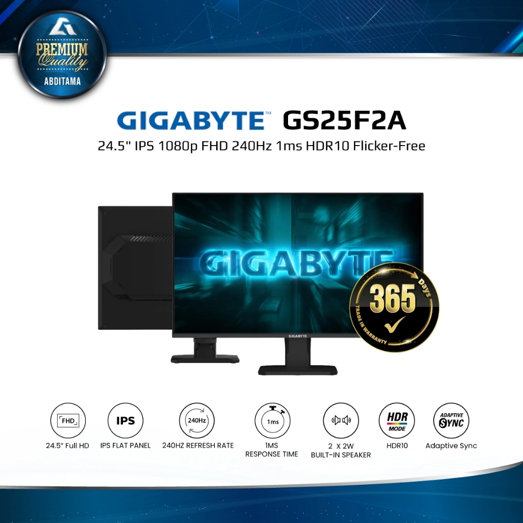 Monitor LED Gigabyte GS25F2A 24.5" IPS 1080p FHD 240Hz 1ms HDR10 HDMI 2.0x2 DP 1.4x1 Speaker VESA 100x100mm the Last Mile for your Gaming System Support Adaptive-Sync Technology Flicker-Free Low Blue Light