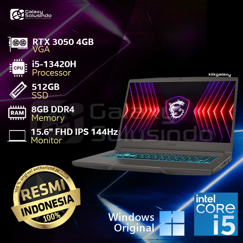 MSI 15 THIN B13UC-2409ID - GeForce RTX 3050 Intel Core i5-13420H 512GB SSD 8GB RAM Gaming Notebook Laptop - MG