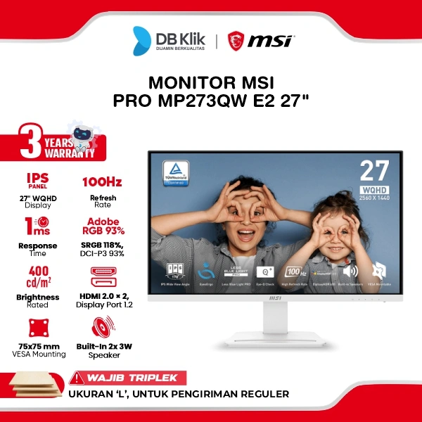 Monitor MSI PRO MP273QW E2 27" WQHD IPS 100Hz 1ms Adaptive Sync HDR400 Built in Speaker HDMI DP