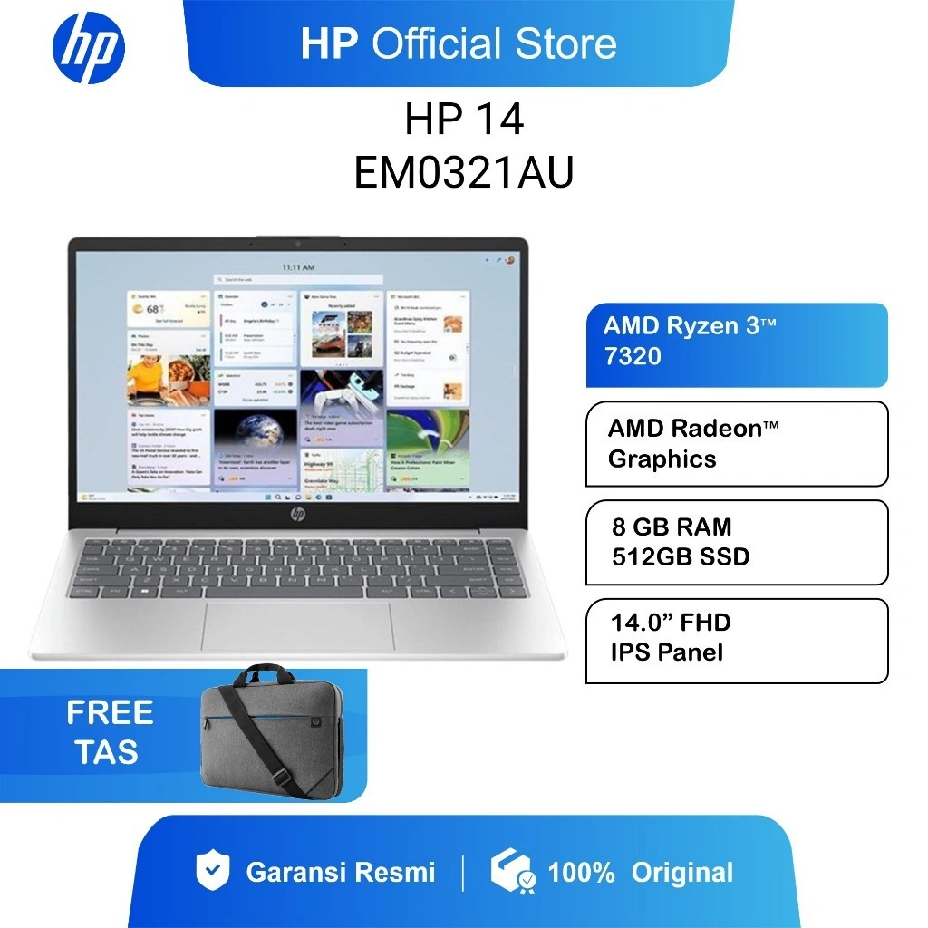 Laptop HP 14 Ryzen 3 7320U / 5 7530U / 7 7730U AMD Radeon 8/16GB RAM / 512GB SSD / Windows 11 Home +OHS / 14 Inch FHD IPS / Backlit Keyboard + COPILOT / Garansi 2 Tahun Promo Laptop Murah Garansi Resmi Gratis Ongkir