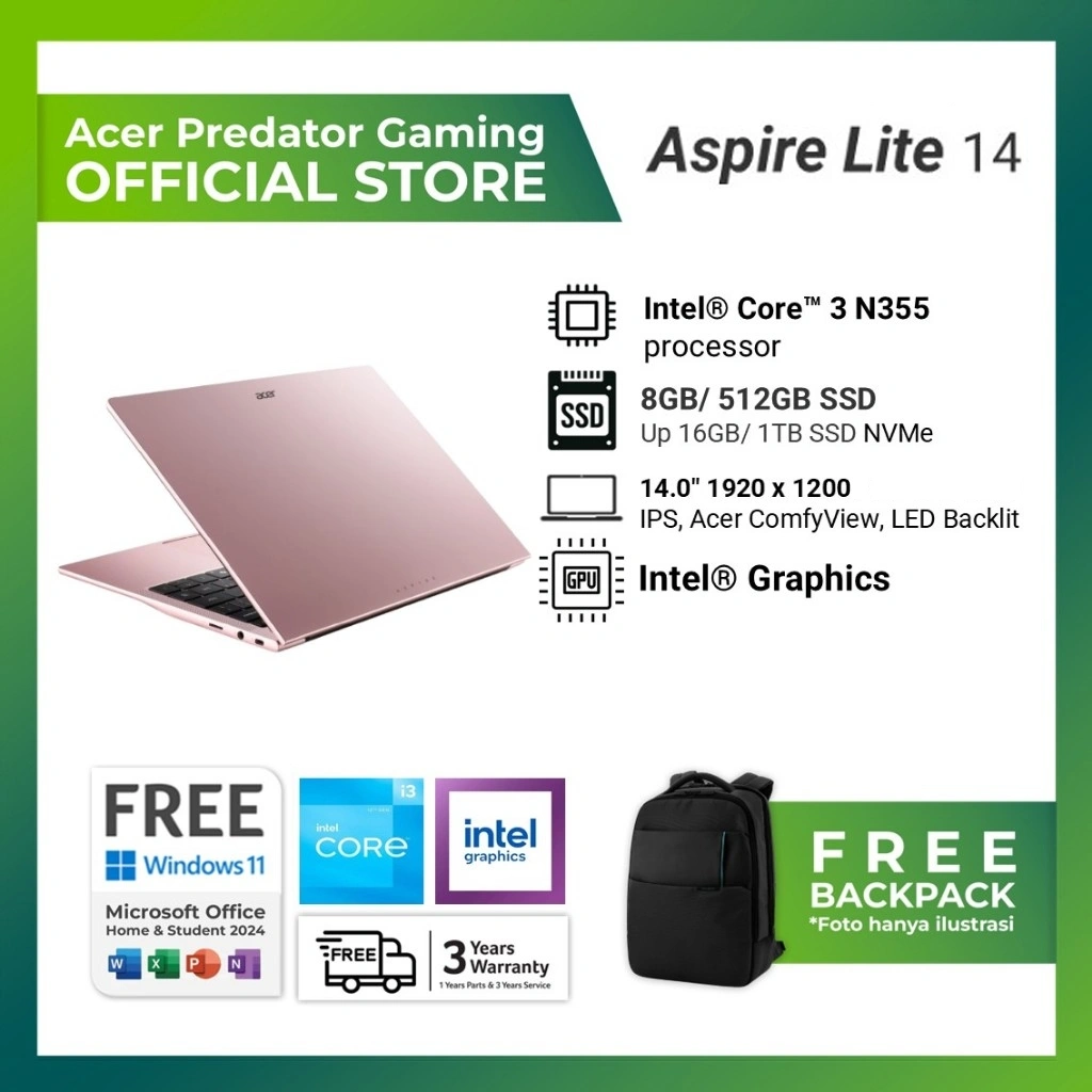 [PINK EDITION] ACER ASPIRE LITE 14 AL14 37P-36AW I3 N355 8GB 512GB WINDOWS 11+OFFICE 14.0 INCH IPS