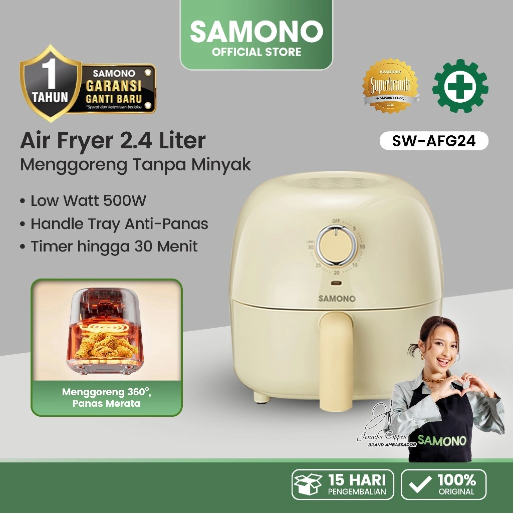 SAMONO Air Fryer Murah Kapasitas 2.4L Watt Rendah 500W Mesin Goreng Tanpa Minyak Multifungsi 3 in 1 Airfryer Kecil Minimalis Untuk Apartemen Anak Kos Hemat Listrik Timer 30 Menit Kualitas Premium Original AFG24