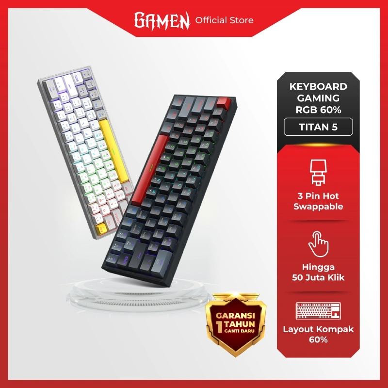 GAMEN Keyboard Gaming Mechanical 60% Titan 5 Compact & Portable Hot-Swappable RGB Light Anti-Ghosting Semua Tombol Keyboard Mini Mechanical