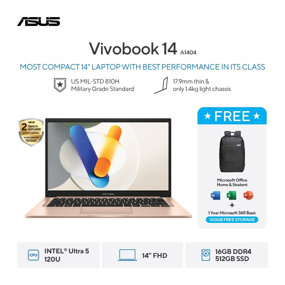 [FREE MOUSE] ASUS Vivobook 14 A1404VAP-VIPS5152M - Terra Cotta [Intel Core 5 Processor 120U / Intel Graphics / 16GB / 512GB / 14inch / WIN11 / OHS24 / M365]
