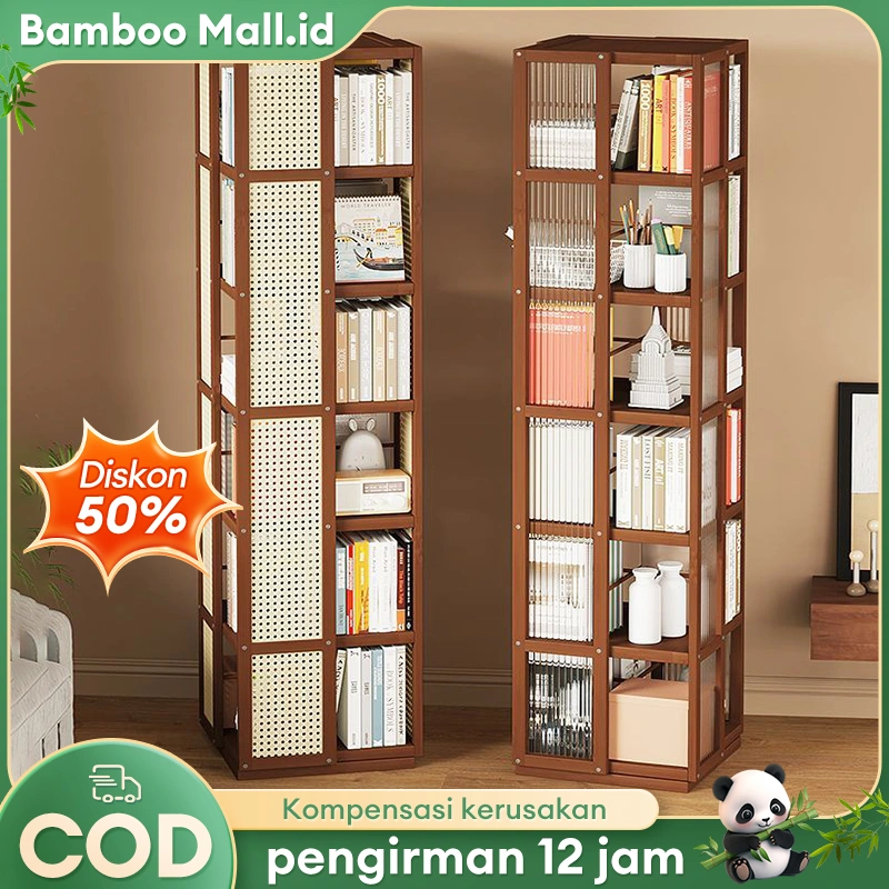 Rak Buku Putar 360° Minimalis Lemari Penyimpanan Buku Anak Mainan Rak Mainan Kayu Alami Hemat Ruang