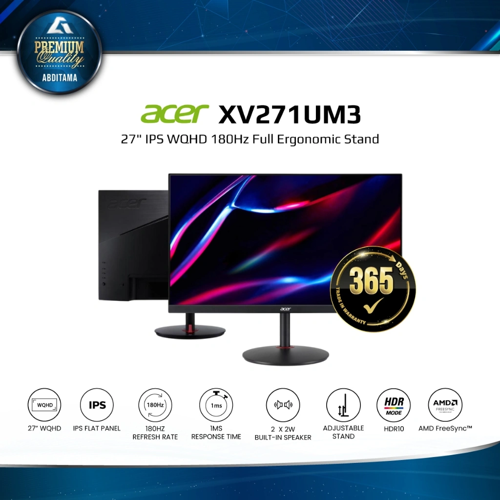 Monitor LED ACER Nitro XV271UM3 27" IPS 2560 x 1440 WQHD 180Hz HDMI 2.0 DP 1.2 Widescreen Gaming Monitor Full Ergonomic Stand Built In Speakers