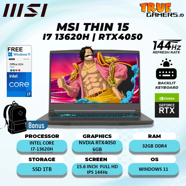 Laptop Gaming MSI THIN 15 Core i7-13620H RTX4050 6GB/ 32GB 1TB SSD 15.6"FHD IPS 144Hz Win11+Office