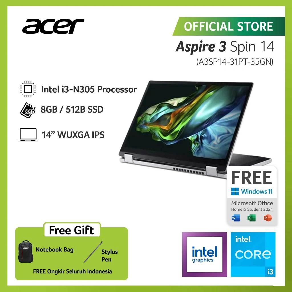 ( FREE STYLUS PEN) ACER LAPTOP 2 IN 1 ASPIRE 3 SPIN 14 A3SP14-31PT-35GN 14" WUXGA INTEL CORE I3-N305 RAM 8GB STORAGE 512GB SSD GRAPHICS INTEL UHD WINDOWS 11