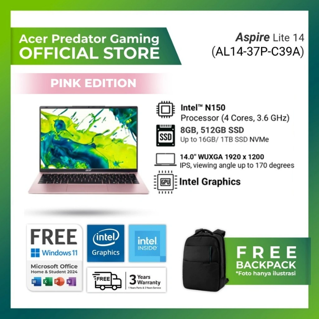 [PINK EDITION] ACER ASPIRE LITE 14 AL14 37P-C39A N150 8GB/512GB WINDOWS 11+OFFICE 14.0FHD IPS