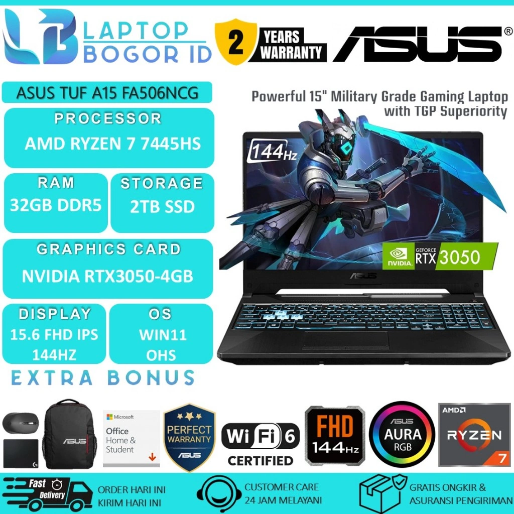 ASUS TUF GAMING A15 FA506NCR RYZEN 7 7445HS 32GB RAM 2TB SSD RTX3050 15.6 FHD IPS 144Hz W11+OHS