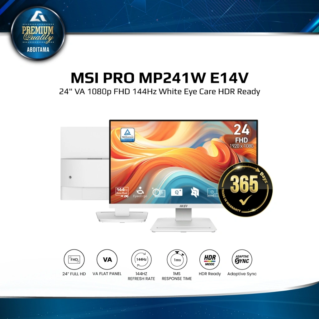 Monitor LED MSI PRO MP241W E14V 24" VA 1080p FHD 144Hz White HDMI DP Vesa 100x100mm MSI Power Link Support Eye Care Technology HDR Ready Accessory Slot Design TÜV certified display ensures the protection and health of eyesight