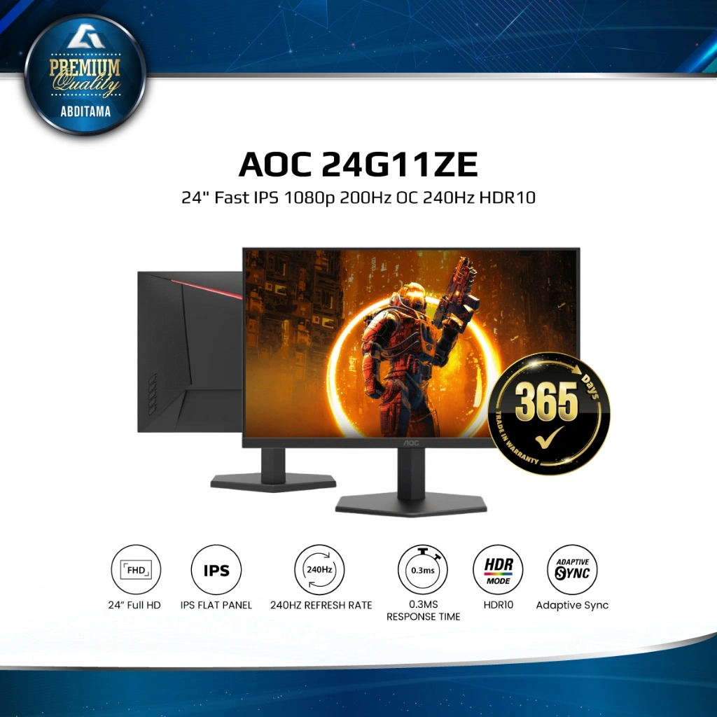 Monitor LED AOC 24G11ZE 24" Fast IPS 1080p 200Hz OC 240Hz HDMI 2.0x1 DP 1.4x1 Vesa 100x100mm HDR10 Adaptive Sync Gaming Mode Game Color Dial Point MBR Shadow Control Flicker Free Anti-Blue Light Rule the Competition with Fast IPS