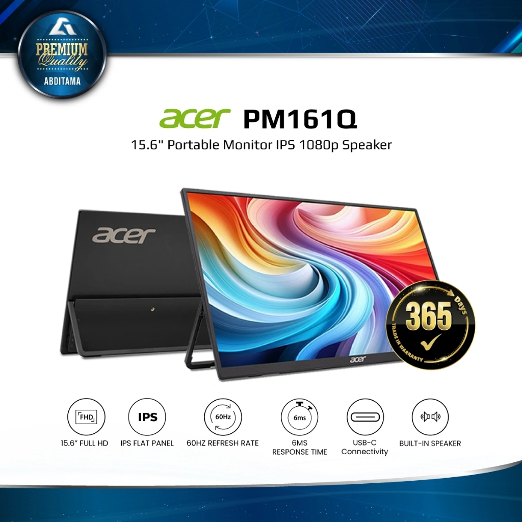 ACER PM161Q 15.6" IPS FHD 1080p 60Hz Mini-HDMI x1 USB-C x1 Portable Monitor Speaker VESA 75x75