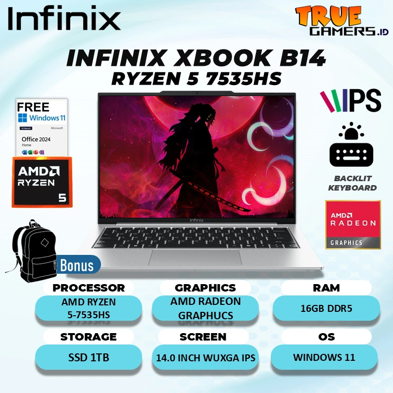 Laptop Infinix XBOOK B14 Ryzen 5 7535HS RAM 16GB SSD 1TB Windows 11+Office Home 14.0inch Wuxga IPS