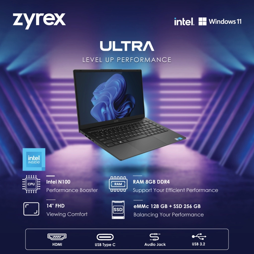 ZYREX ULTRA N100 8GB 128GB+256GB W11 14.0 2Y BLACK