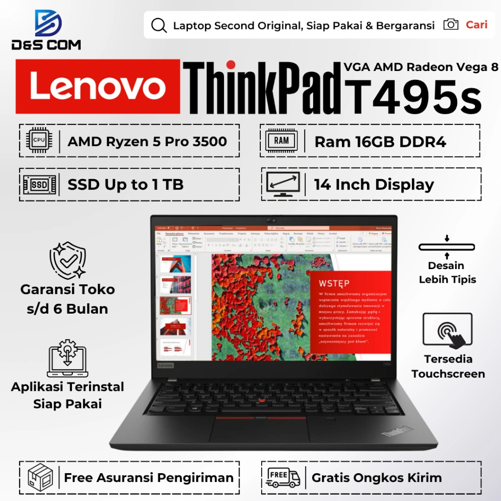 Lenovo Thinkpad T495 Ryzen 5 VGA 2GB / T490s i5 Gen 8 16GB 512GB Laptop Second Bergaransi Siap Pakai
