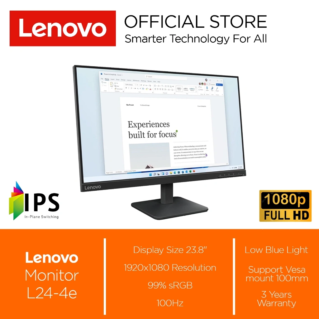 Monitor LED Lenovo L24-4e 23.8 IPS 100Hz HDMI VGA 99%sRGB Eye Caring