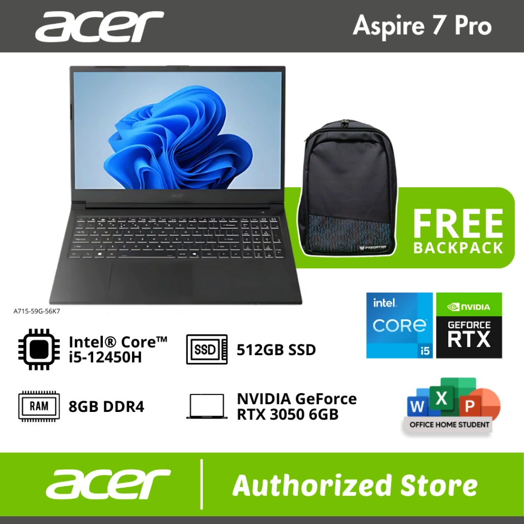 ACER ASPIRE 7 Pro A715 59G 56K7 I5 12450H 8GB 512GB RTX3050 15.6" FHD 144Hz IPS W11 OHS24