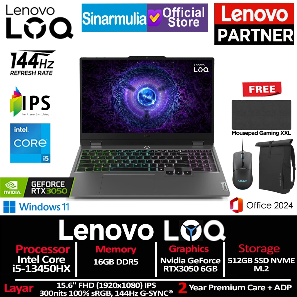 Lenovo LOQ Gaming i5-13450HX RTX3050 512GB SSD 12GB/16GB 144Hz 100%sRGB IPS Win11+OHS