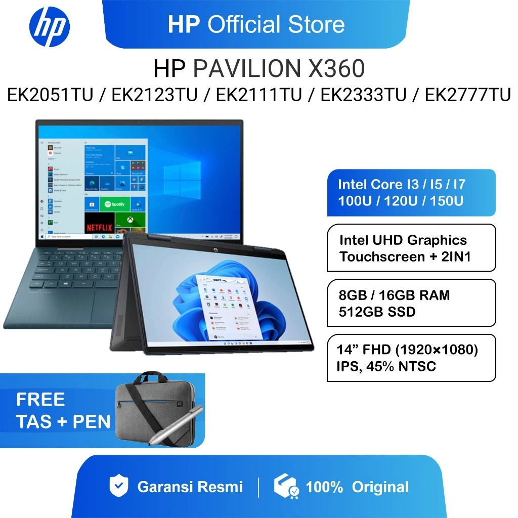 LAPTOP HP PAVILION X360 14 TOUCH 2IN1 CORE I3 100U / I5 120U / I7 150U 8GB / 16GB 512GB W11+OHS 14" FHD IPS - LAPTOP FLIP TOUCHSCREEN FREE PENCIL DAN  BACKLIT EK2051TU EK2123TU EK2111TU EK2333TU EK2777TU