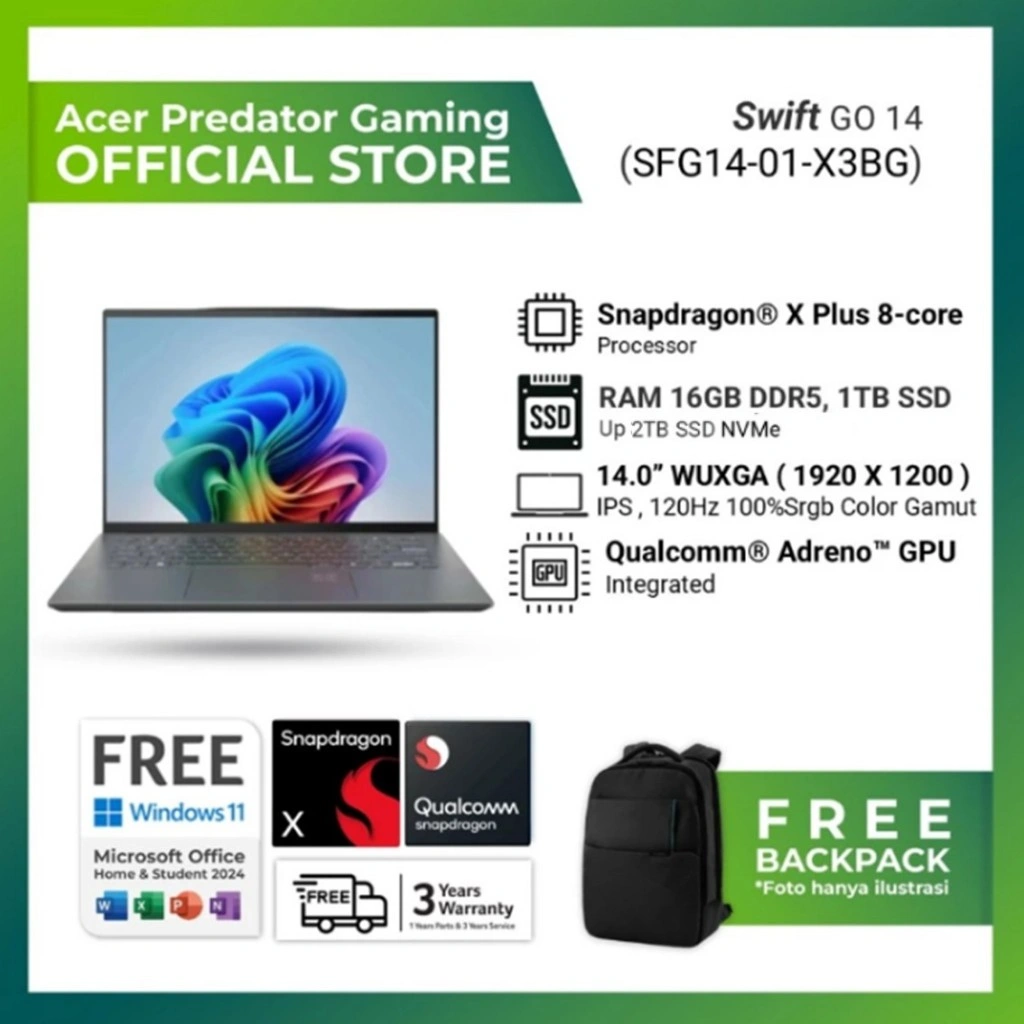 ACER SWIFT GO 14 AI SFG14-01-X3BG SNAPDRAGON X PLUS X1P 42100 16GB 1TB WINDOWS 11 +OFFICE 14.5 WUXGA