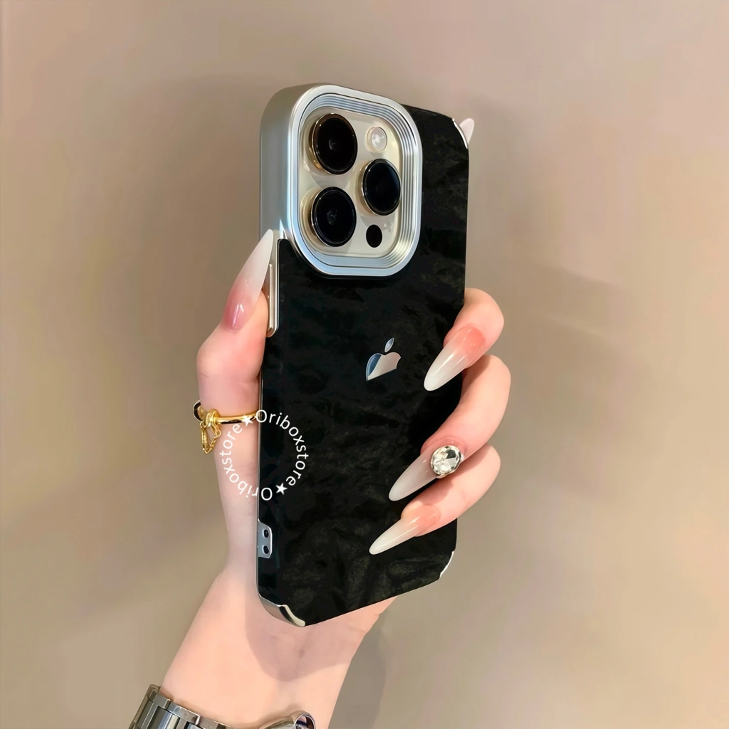 Snow Mountain Case Electroplated Flannel With Sticker Logo - Softcase/Casing Hp Compatible For Iphone X Xs Xr 11 12 13 14 15 16 Plus Pro Max 16 Promax Aesthetic Case Full Cover Casing Pelindung Handphone RCI574