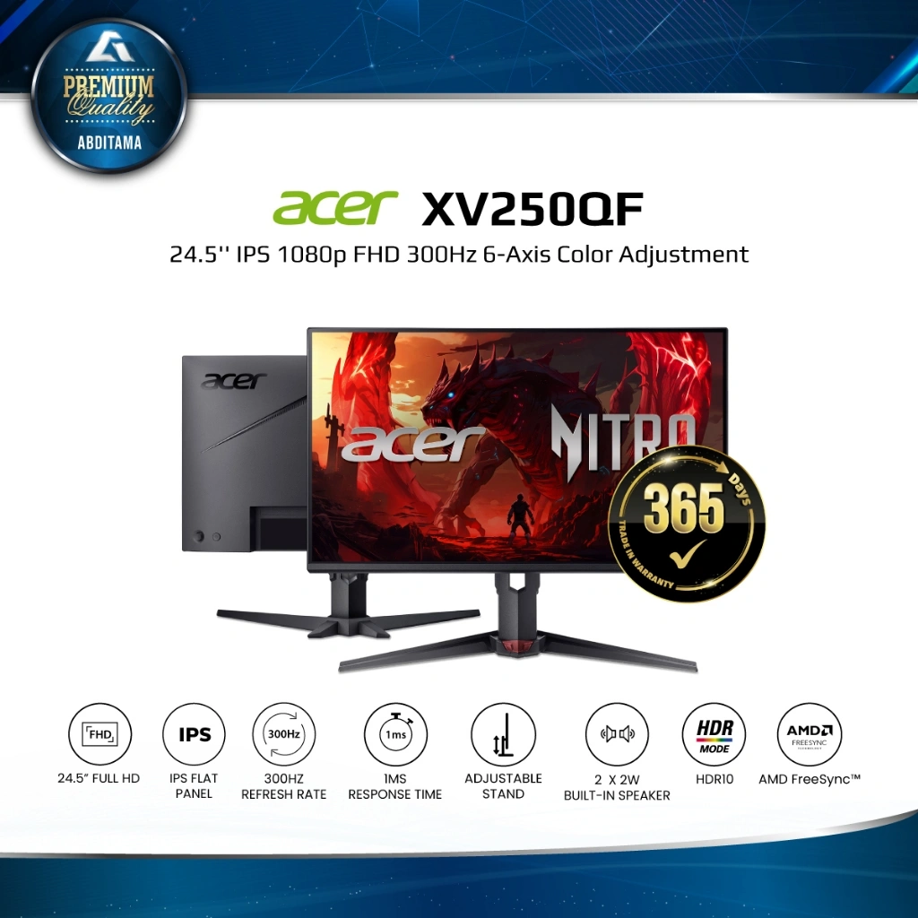ACER Nitro XV250QF 24.5" IPS FHD 1080p 300Hz 1ms HDMI 2.0 x2 DP 1.4 x1 Gaming Monitor HDR10 Eyecare