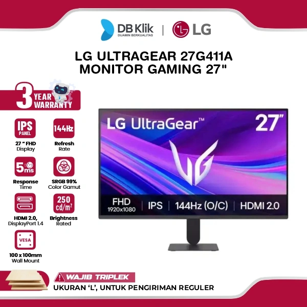 LG UltraGear 27G411A Monitor Gaming 27" IPS FHD 144Hz 5ms AMD FreeSync + NVIDIA G-SYNC HDR10 HDMI DP