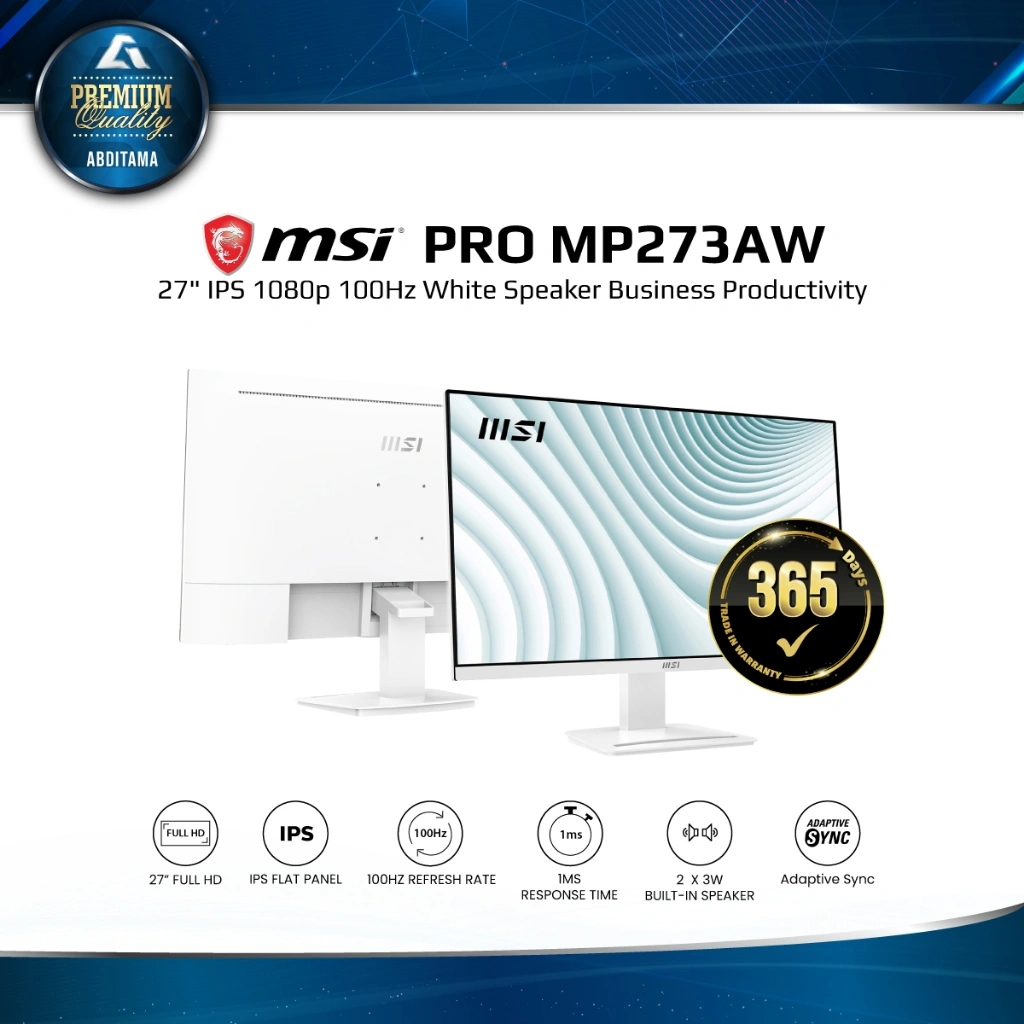 Monitor LED PRO MSI MP273AW 27" IPS 1080p FHD 100Hz White Speaker VGA x1 HDMI x1 DPx1 Vesa 75x75mm Business Productivity Monitors Anti FLicker Eye-Q MSI Display Kit provides the most convenient tool