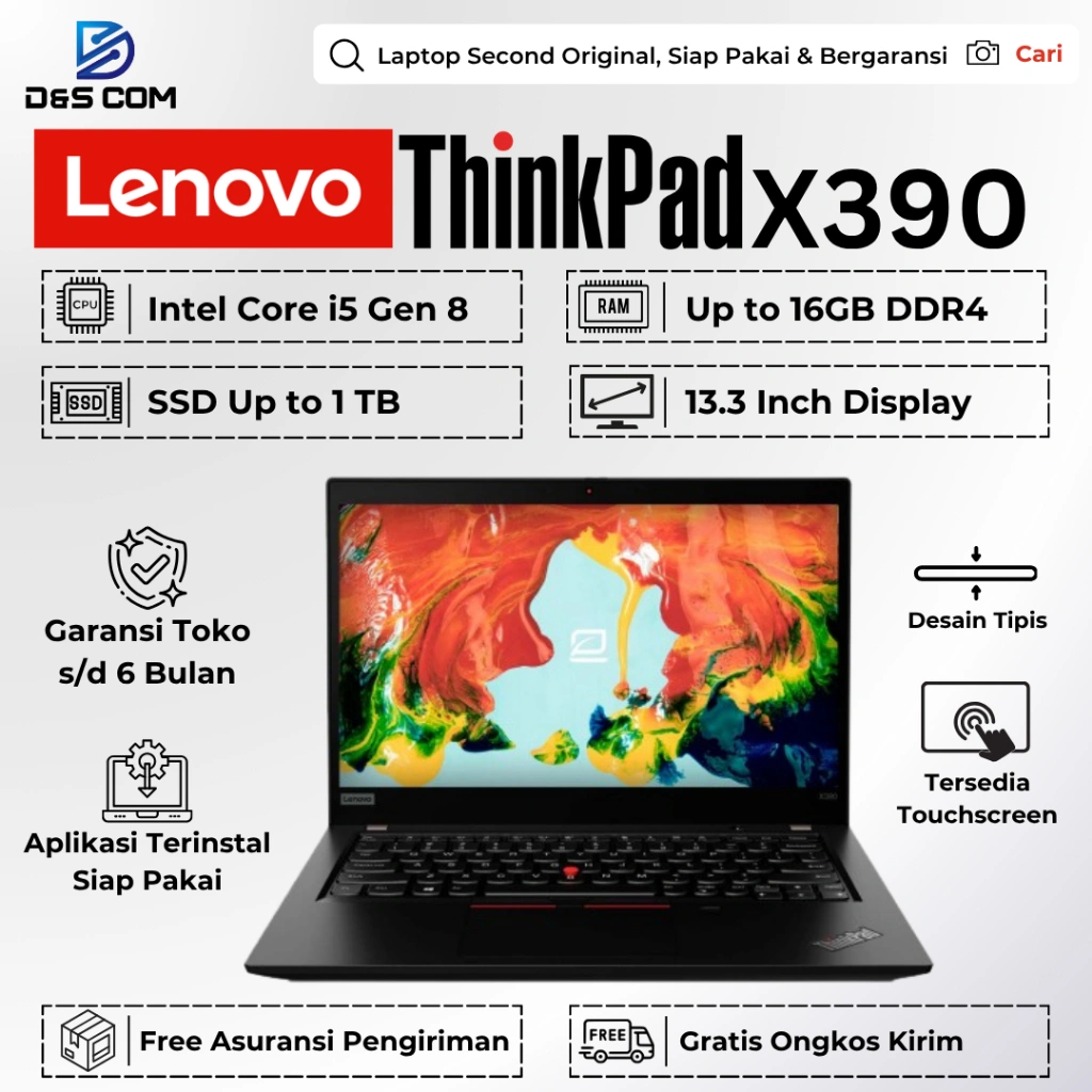 Lenovo Thinkpad X395 Ryzen 5 PRO / X390 i5 Gen 8 16GB 256GB Laptop Second Bergaransi Siap Pakai
